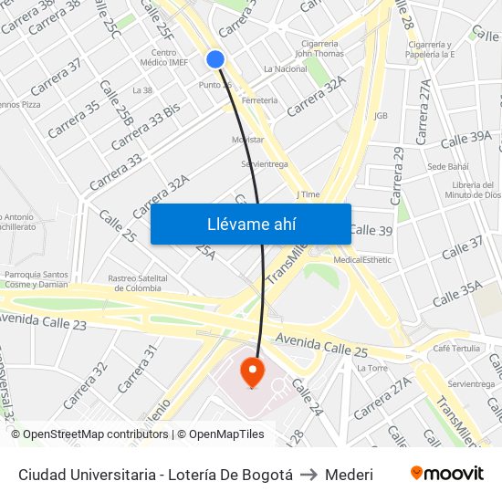 Ciudad Universitaria - Lotería De Bogotá to Mederi map