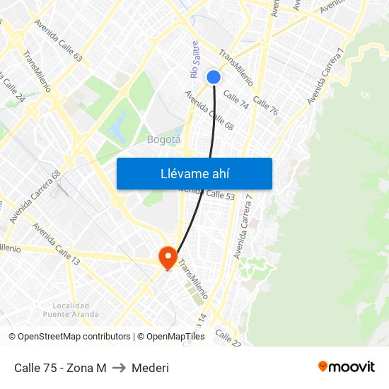 Calle 75 - Zona M to Mederi map