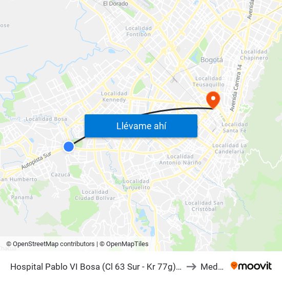 Hospital Pablo VI Bosa (Cl 63 Sur - Kr 77g) (A) to Mederi map