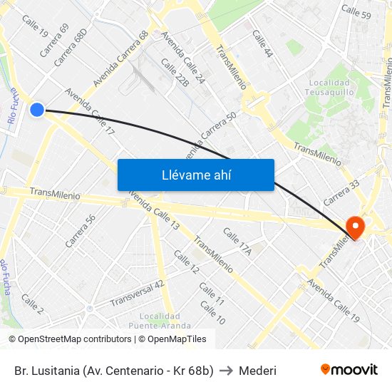 Br. Lusitania (Av. Centenario - Kr 68b) to Mederi map