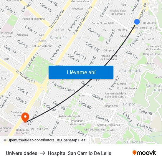 Universidades to Hospital San Camilo De Lelis map