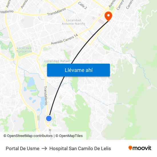 Portal De Usme to Hospital San Camilo De Lelis map
