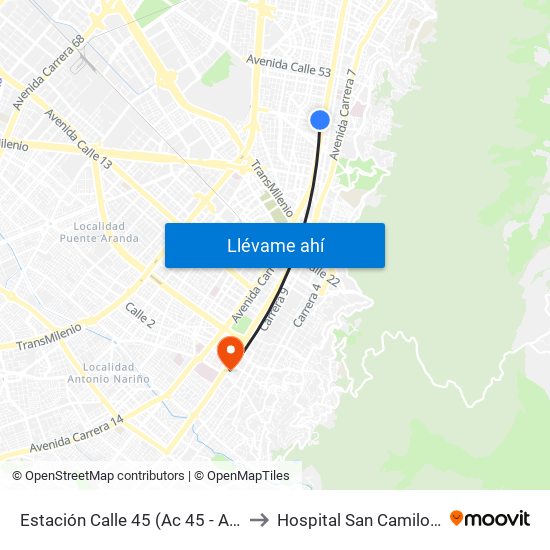 Estación Calle 45 (Ac 45 - Av. Caracas) to Hospital San Camilo De Lelis map