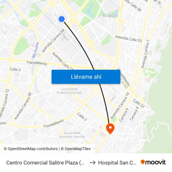 Centro Comercial Salitre Plaza (Av. La Esperanza - Kr 68b) to Hospital San Camilo De Lelis map