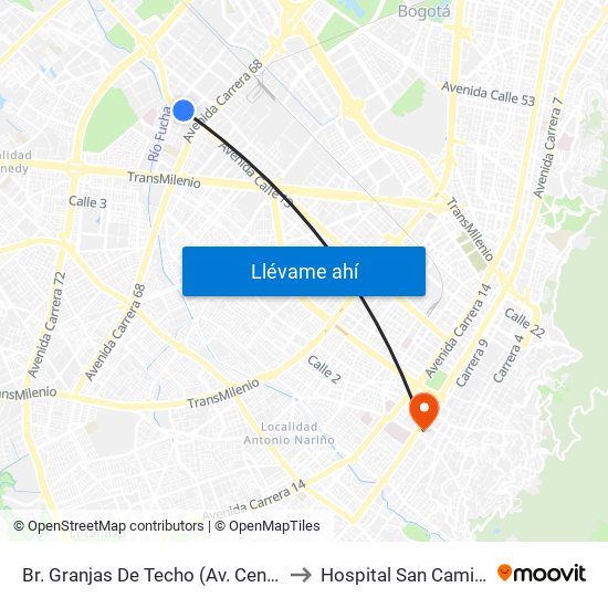 Br. Granjas De Techo (Av. Centenario - Kr 65) to Hospital San Camilo De Lelis map