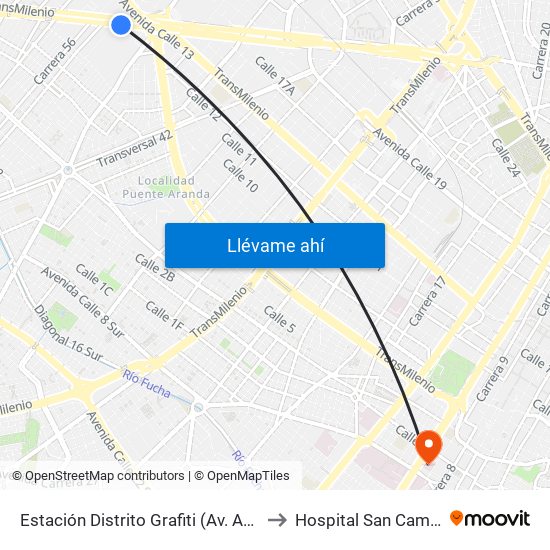 Estación Distrito Grafiti (Av. Américas - Kr 53a) to Hospital San Camilo De Lelis map