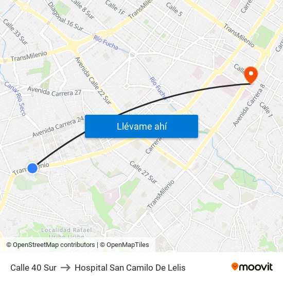 Calle 40 Sur to Hospital San Camilo De Lelis map