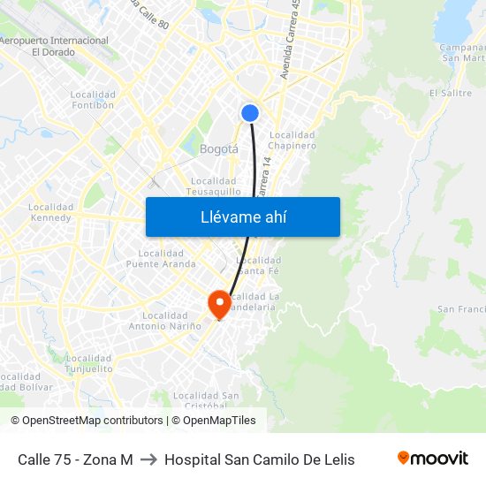 Calle 75 - Zona M to Hospital San Camilo De Lelis map