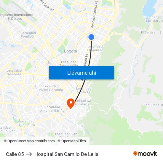Calle 85 to Hospital San Camilo De Lelis map