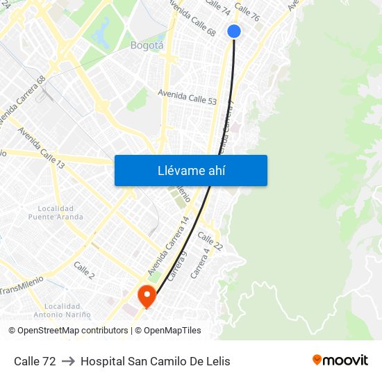 Calle 72 to Hospital San Camilo De Lelis map