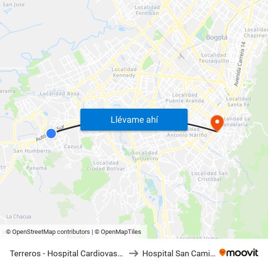 Terreros - Hospital Cardiovascular (Lado Sur) to Hospital San Camilo De Lelis map