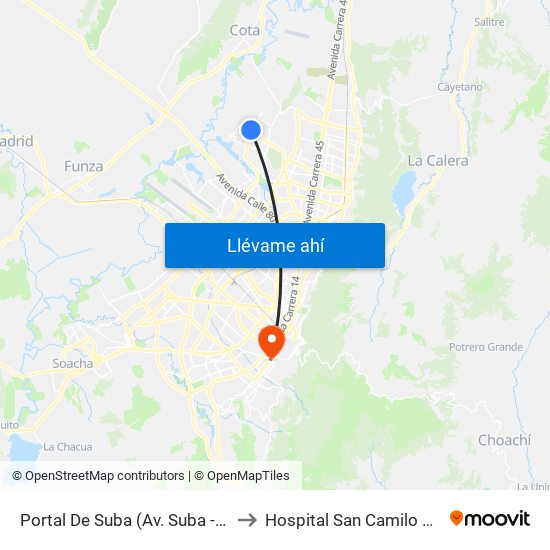 Portal De Suba (Av. Suba - Kr 106) to Hospital San Camilo De Lelis map