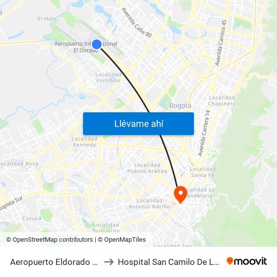 Aeropuerto Eldorado (B) to Hospital San Camilo De Lelis map