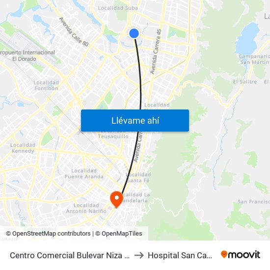 Centro Comercial Bulevar Niza (Ac 127 - Av. Suba) to Hospital San Camilo De Lelis map