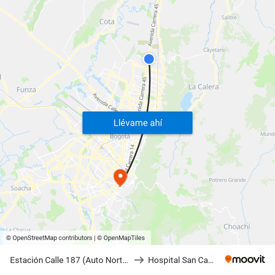 Estación Calle 187 (Auto Norte - Cl 187 Bis) (A) to Hospital San Camilo De Lelis map