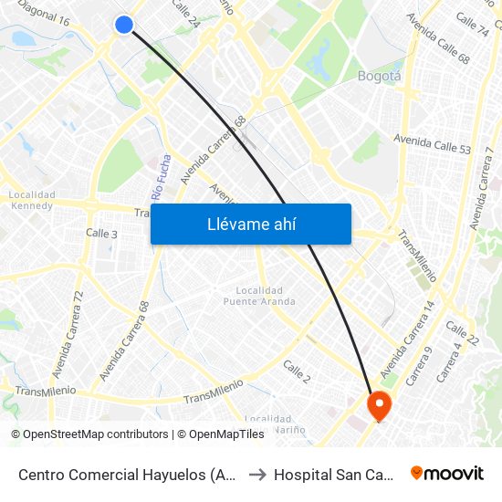 Centro Comercial Hayuelos (Av. C. De Cali - Cl 20) to Hospital San Camilo De Lelis map