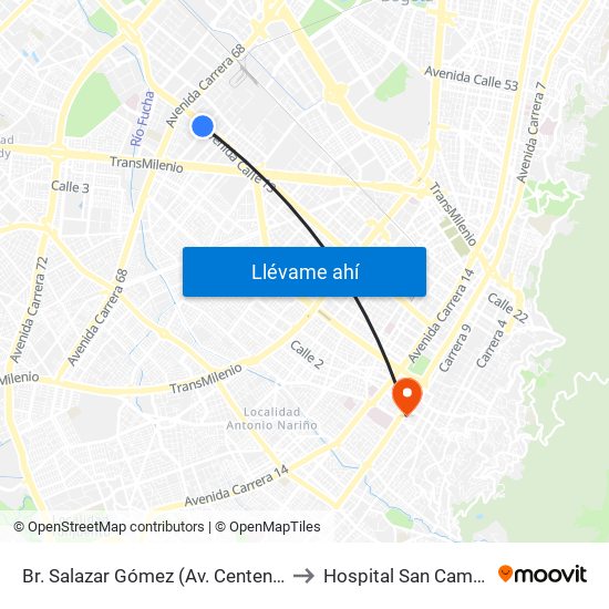 Br. Salazar Gómez (Av. Centenario - Kr 65) (A) to Hospital San Camilo De Lelis map