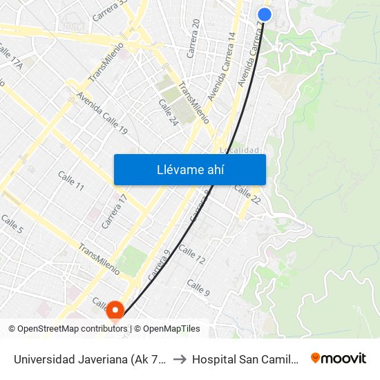 Universidad Javeriana (Ak 7 - Cl 40) (B) to Hospital San Camilo De Lelis map