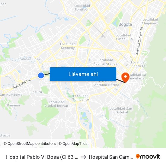 Hospital Pablo VI Bosa (Cl 63 Sur - Kr 77g) (A) to Hospital San Camilo De Lelis map
