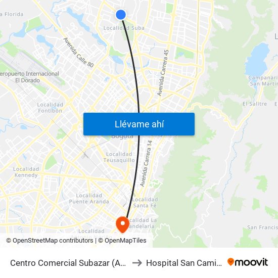 Centro Comercial Subazar (Av. Suba - Kr 91) to Hospital San Camilo De Lelis map