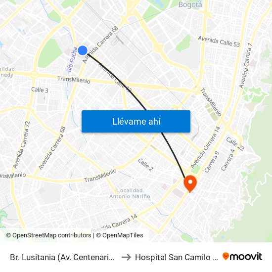 Br. Lusitania (Av. Centenario - Kr 68b) to Hospital San Camilo De Lelis map