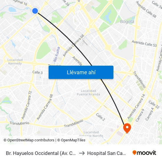 Br. Hayuelos Occidental (Av. Centenario - Kr 87) to Hospital San Camilo De Lelis map