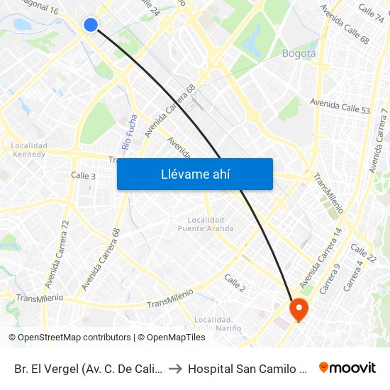 Br. El Vergel (Av. C. De Cali - Cl 18) to Hospital San Camilo De Lelis map