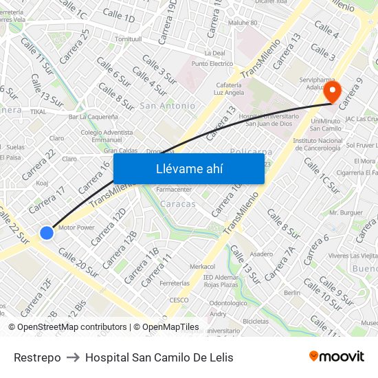 Restrepo to Hospital San Camilo De Lelis map