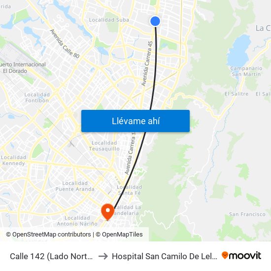 Calle 142 (Lado Norte) to Hospital San Camilo De Lelis map