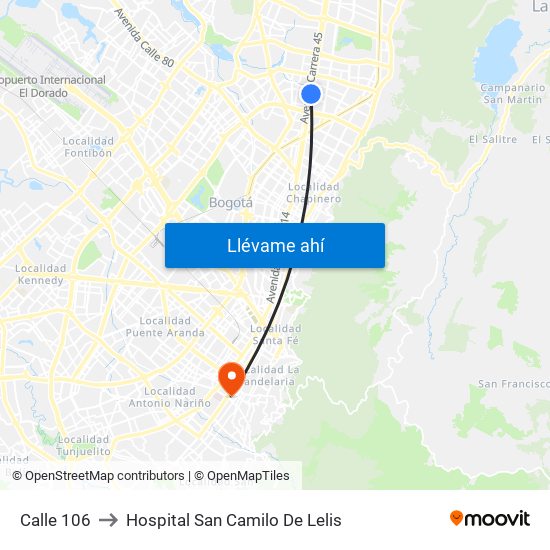 Calle 106 to Hospital San Camilo De Lelis map