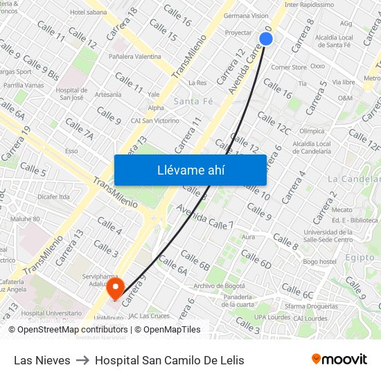 Las Nieves to Hospital San Camilo De Lelis map