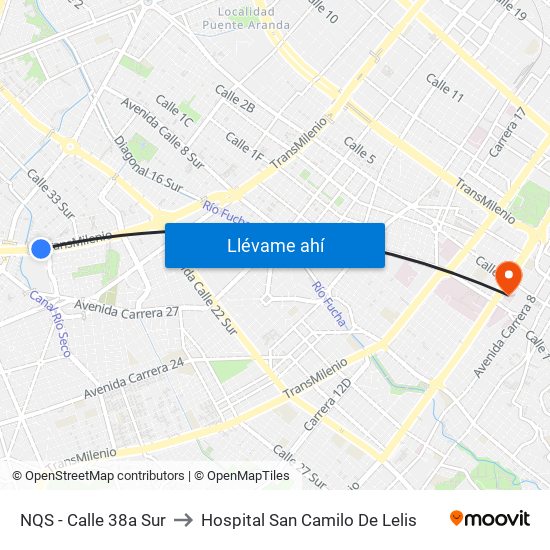 NQS - Calle 38a Sur to Hospital San Camilo De Lelis map