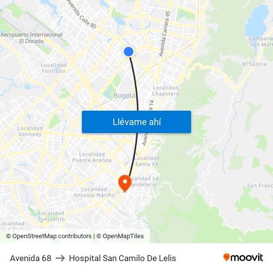 Avenida 68 to Hospital San Camilo De Lelis map