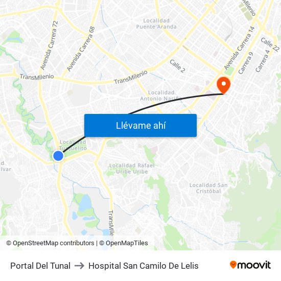 Portal Del Tunal to Hospital San Camilo De Lelis map