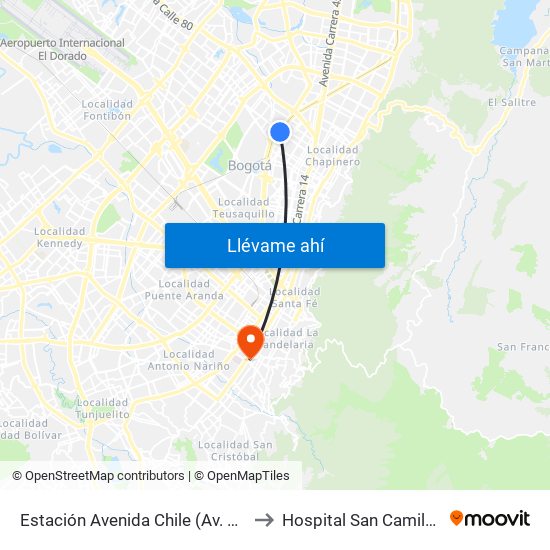 Estación Avenida Chile (Av. NQS - Cl 71c) to Hospital San Camilo De Lelis map
