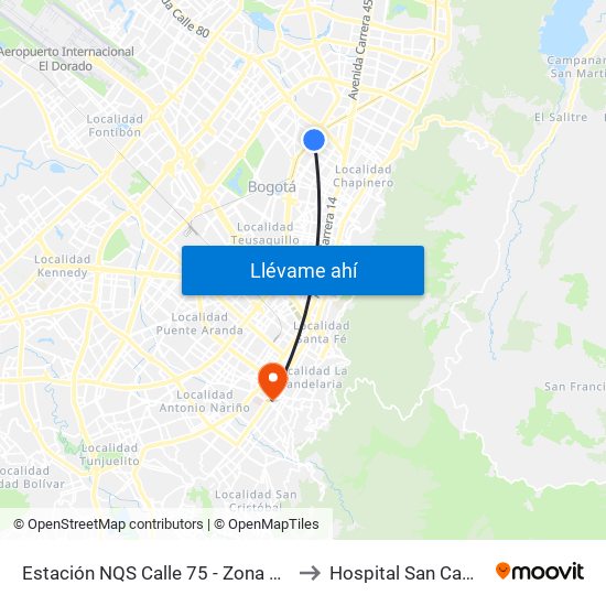Estación NQS Calle 75 - Zona M (Av. NQS - Cl 75) to Hospital San Camilo De Lelis map