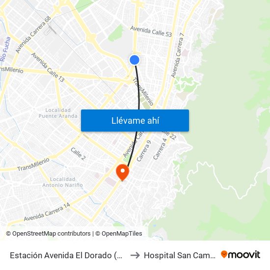 Estación Avenida El Dorado (Av. NQS - Cl 40a) to Hospital San Camilo De Lelis map