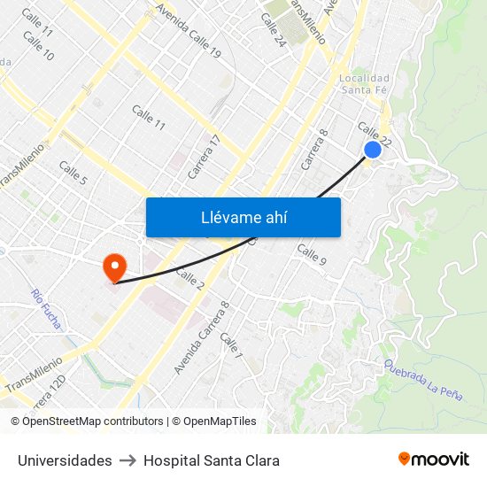 Universidades to Hospital Santa Clara map