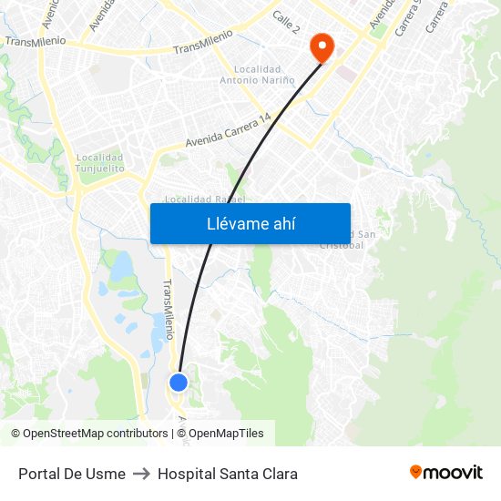 Portal De Usme to Hospital Santa Clara map