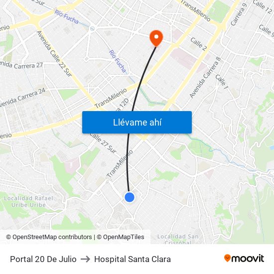 Portal 20 De Julio to Hospital Santa Clara map