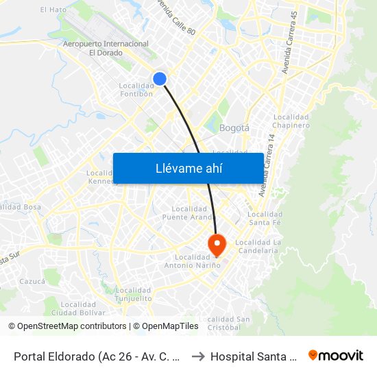 Portal Eldorado (Ac 26 - Av. C. De Cali) to Hospital Santa Clara map