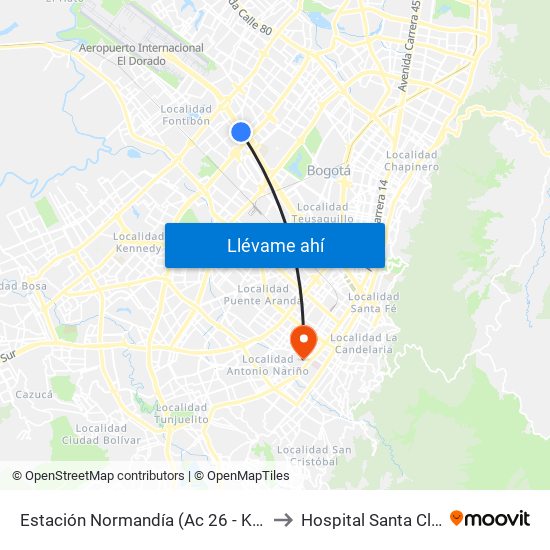 Estación Normandía (Ac 26 - Kr 74) to Hospital Santa Clara map