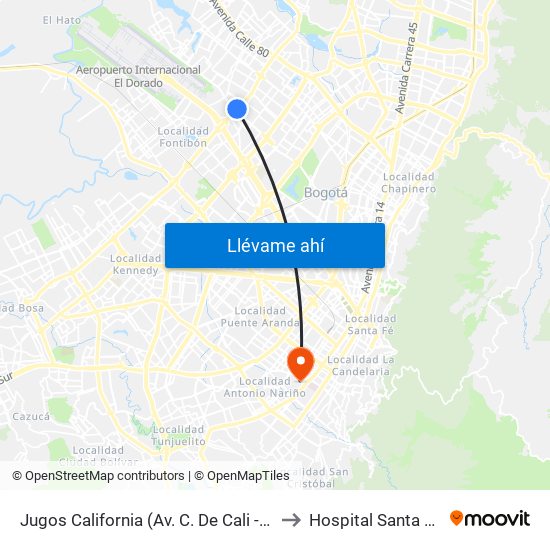 Jugos California (Av. C. De Cali - Ac 63) to Hospital Santa Clara map