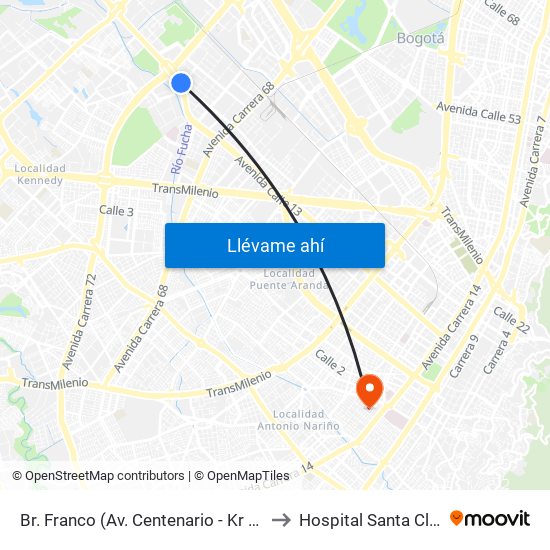 Br. Franco (Av. Centenario - Kr 69b) to Hospital Santa Clara map