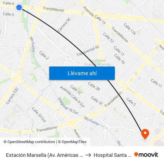 Estación Marsella (Av. Américas - Kr 69b) to Hospital Santa Clara map