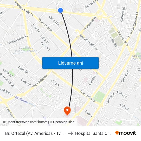 Br. Ortezal (Av. Américas - Tv 39) to Hospital Santa Clara map