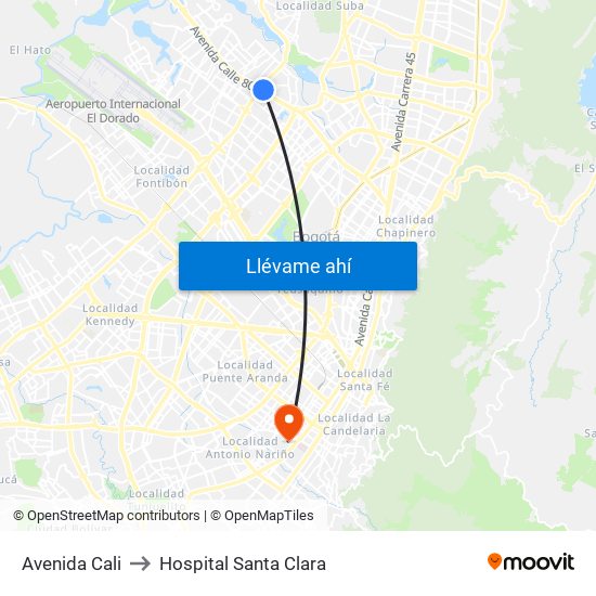 Avenida Cali to Hospital Santa Clara map