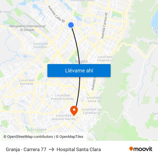 Granja - Carrera 77 to Hospital Santa Clara map