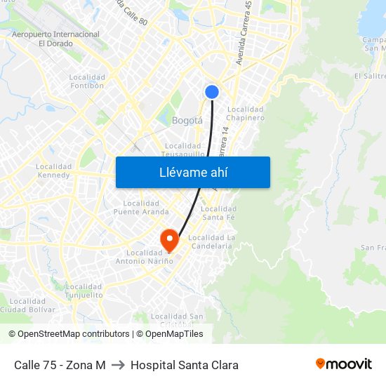 Calle 75 - Zona M to Hospital Santa Clara map