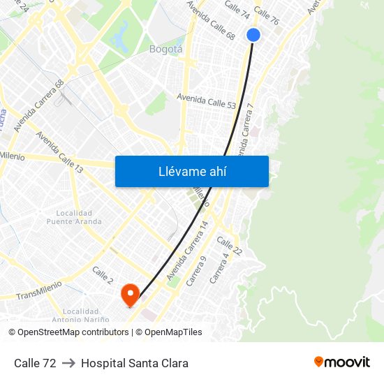 Calle 72 to Hospital Santa Clara map